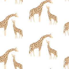 Seamless pattern with cute giraffe on white background.