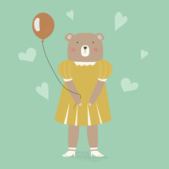 Cute bear girl in modern clothes. Hand drawn vector cartoon illustration. Can be used for t-shirt print, kids wear fashion design, baby shower invitation card greeting card. Kids illustration