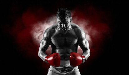 Fototapeta na wymiar Boxer in red gloves. Sports banner