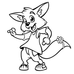 Cartoon fox dancing. Vector illustration outlined. Design for coloring book.