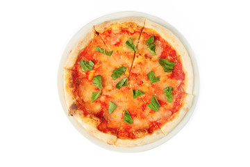 Pizza with tomato sauce and basil on white isolated background. Top view, close-up
