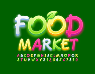 Vector logo Food Market with decorative leaf. Glowing Bright Font. Creative colorful Alphabet Letters and Numbers
