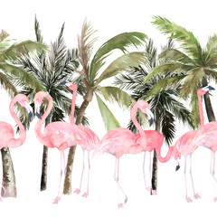 Tropical seamless pattern with flamingo and palm trees. Watercolor summer print on white background. Exotic hand drawn illustration