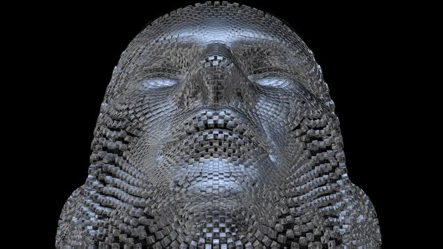 Robotic head made of shiny  chrome cubes. 
Weeping machine . Crying AI . Liquid metal tears streaming downwards . 3d animation