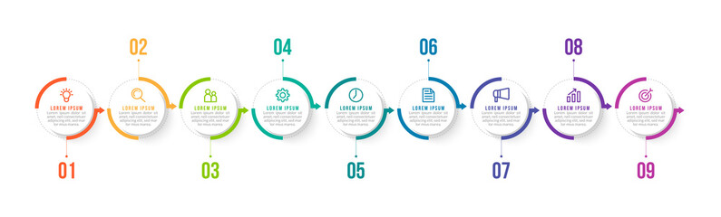 Minimal Business Infographics template. Timeline with 9 steps, options and marketing icons .Vector linear infographic with nine conected elements. Can be use for presentation.