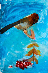 The children's drawing depicts a bird sitting on a branch. gouache. blue background. vertical