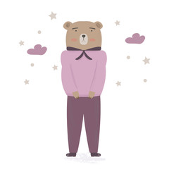 Cute bear guy in modern clothes. Hand drawn vector cartoon illustration. Can be used for t-shirt print, kids wear fashion design, baby shower invitation card greeting card. Kids illustration