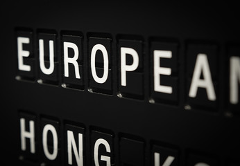 Signs name of Europe on black directory board. Used for For currency exchange, airport, business, finance or travel concept, Signs and symbols.