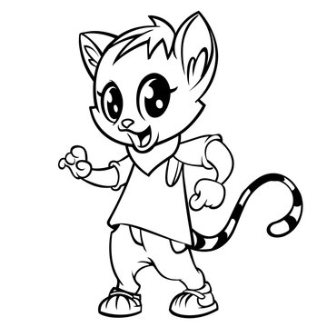 Cartoon cat dancing. Vector illustration outlined. Design for coloring book