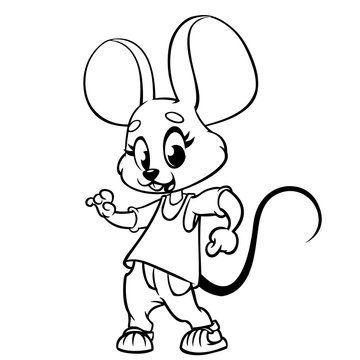Cartoon mouse dancing. Vector illustration outlined. Design for coloring book.