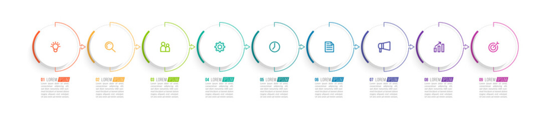 Minimal Business Infographics template. Timeline with 9 steps, options and marketing icons .Vector linear infographic with nine conected elements. Can be use for presentation.