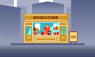 Old small independent bookstore with no costumers on the closing day sale