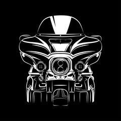 Vector illustration of Ultra Touring motorcycle silhouette on Black background. Can be used for printed on motorcycle club t-shirt, background, banner, posters, icon, web, etc.