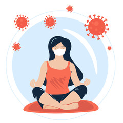 COVID-19 virus outbreak. People are quarantined at home to prevent the spread of viral infection. A masked woman practices yoga at home. Coronavirus outside. Keep calm during quarantine. Cartoon style