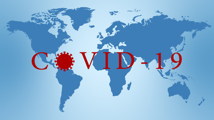 Blue map Covid-19. World map , blue color, with covid-19 text and virus symbol, for news and content presentation.