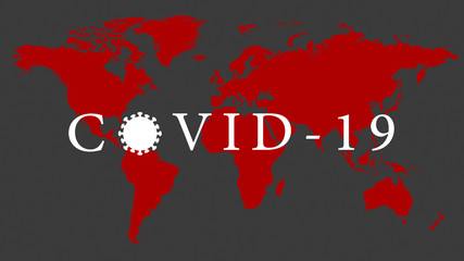 Map Covid-19. World map , red continents on dark grey background, with covid-19 text and virus symbol, for news and content presentation.
