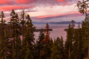 Sunset over Emerald Bay seen from Inspiration Point in Lake Tahoe