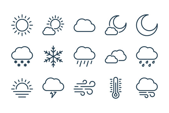 Weather related line icon set. Forecast vector linear icons.