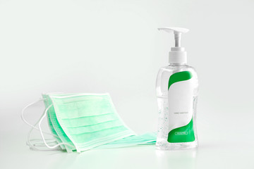 Medical surgical masks and hand sanitizer gel for hand hygiene corona-virus protection.