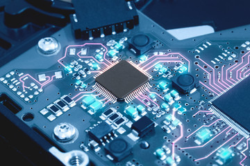 Close-up electronic circuit board. technology style concept.