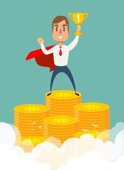 Business success flat vector concept. Businessman dressed with superhero cloak is standing on the pile of the coins.