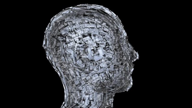 Robotic head ,  metallic face made of shiny chrome cubes . 3d animation rendering  . Liquid metal motion effect
