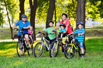 a group of people on bicycles - two adults and four young children in Bicycle gear and helmets against the background of trees, Park and green grass. Family and active lifestyle.