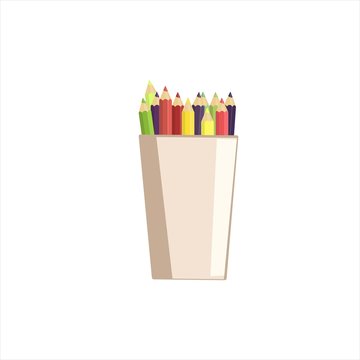 Flat vector illustration set of color pencils in a cup,glass stationary in art school