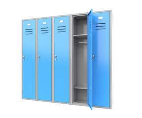 Row of blue metal gym lockers with one open door. 3d rendering illustration