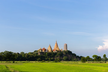 Fototapeta na wymiar Wat tham sua with green jasmince rice field