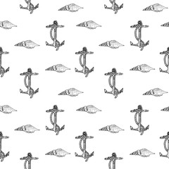 Sea set with anchors and shells. Stylized pattern with black and white pattern for packaging, fabric, decor. 