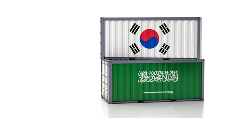 Two freight container with Saudi Arabia and South Korea flag. 3D Rendering