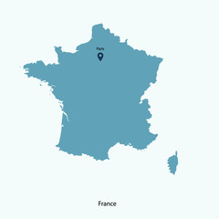Map of France with pin pointing to Paris the capital of France