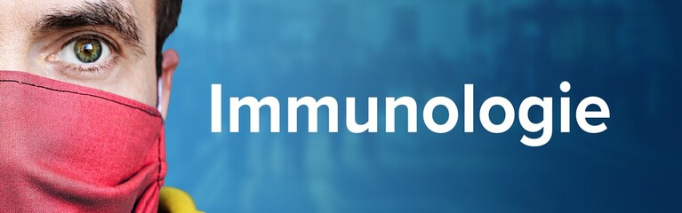 Immunologie. Mann mit Mundschutz vor blauen Hintergrund mit Menschen. Corona, Krankheit, Medizin,...