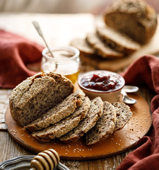 Homemade gluten free buckwheat bread cut into slices, close up, Healthy and delicious breakfast