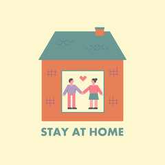 Vector flat illustration in minimal style of people who stay at home.  Epidemic infographic. Visitors on art exhibition in simple graphic style. Purple interior of gallery with picture and people..