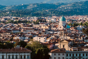 Florence skyline viewed from Piazzale Michelangelo at sunset to the city and Cathedral. Beautiful...