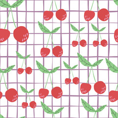 Cute cherry seamless pattern for fabric design. Cherries wallpaper on stripes background.