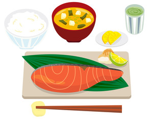 鮭　さけの切り身　サーモン　ベクター　ご飯　朝食　定食　味噌汁