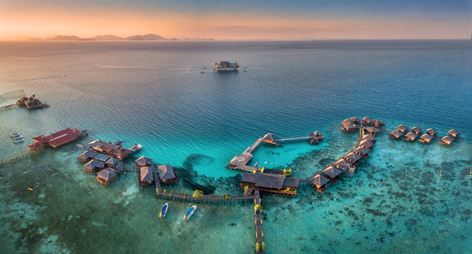 Beautiful resort at Mabul Island during sunset. Sabah, Malaysia