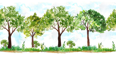 hand drawn watercolor seamless horizontal border of green summer spring tree lush foliage with brown trunk bushes. Painted landscape design element. Forest wood woodland adventure pictures. Eco