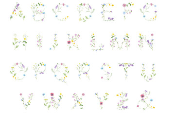 Watercolor hand drawn wild meadow flower letter alphabet (bluebell, clover, chamomile, chicory, yarrow,  tansy etc.) isolated on white background. Design element for summer design, wedding invitation.