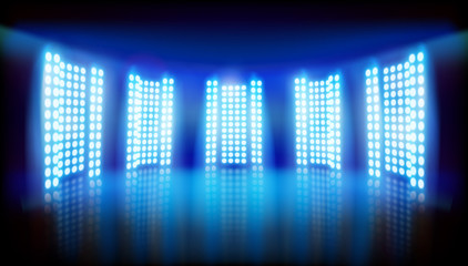 Light show on the stage. Large led projection screens. Blue abstract background. Vector illustration.