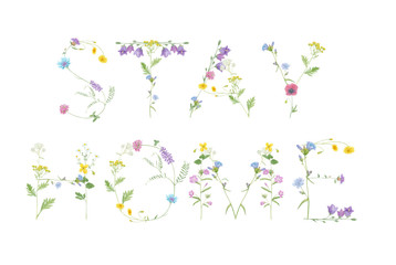 Stay home illustration. Watercolor hand drawn wild meadow flowers quote isolated on white background. Quarantine or self-isolation for coronavirus prevention. Flower letter for poster, card, design.