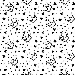 Crown and heart, girly sweet vector seamless pattern. Romantic style, hand drawn elements. Texture, black silhouettes. Applicable as endless textile or wrapping paper prints and backgrounds.