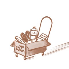 illustration of a box on wheels with products on a white background