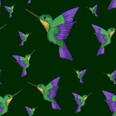 seamless pattern with watercolor tropical birds on dark green background. Colibri/hummingbird. Summer exotic print. Packaging, wallpaper, textile, fabric design 
