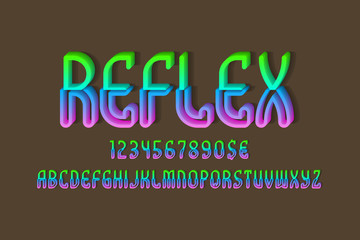 Reflex volumetric iridescent alphabet with numbers and currency signs of two parts. 3d display font.