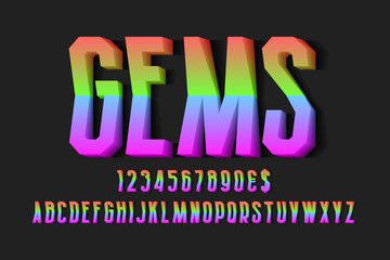 Gems volumetric prismatic iridescent alphabet with numbers and currency signs. 3d display font.