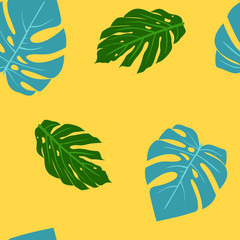 Fototapeta na wymiar Seamless tropical vector pattern with monstera leaves for backgrounds. Great for patterns, wallpapers, web page backgrounds, textiles, surface textures.